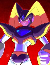 Rule 34 | 1boy, absurdres, android, armor, artist name, bass (mega man), black helmet, chest jewel, clenched hand, clenched teeth, cowboy shot, facial mark, fins, forehead jewel, head fins, helmet, highres, lessgalaxy, mega man (classic), mega man (series), red background, red eyes, shoulder armor, solo, teeth