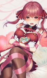 Rule 34 | 1girl, ascot, bare shoulders, blush, bound, box, breasts, brown leotard, brown thighhighs, cleavage, gloves, hair between eyes, hair ribbon, heart, heart-shaped box, heart-shaped pillow, heterochromia, highres, hololive, houshou marine, hugging object, large breasts, leotard, leotard under clothes, long hair, looking at viewer, mikazuki mika, miniskirt, nose blush, open mouth, pillow, pink ribbon, pleated skirt, red ascot, red eyes, red hair, red ribbon, red skirt, red vest, ribbon, ribbon bondage, see-through, see-through cleavage, sitting, skindentation, skirt, solo, thighhighs, twintails, valentine, vest, virtual youtuber, white gloves, yellow eyes