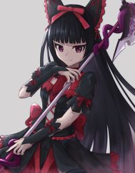Rule 34 | 1girl, absurdres, black hair, black shirt, black skirt, blunt bangs, closed mouth, commentary request, dianhelles3, gate - jieitai ka no chi nite kaku tatakaeri, gothic lolita, grey background, halberd, highres, holding, holding weapon, lolita fashion, long hair, looking at viewer, polearm, puffy short sleeves, puffy sleeves, red eyes, ribbon, rory mercury, shirt, short sleeves, simple background, skirt, smile, solo, weapon