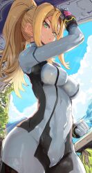 1girl absurdres blonde_hair blue_bodysuit blue_eyes bodysuit clenched_hand cloud covered_erect_nipples cowboy_shot high_ponytail highres ishijimajirou long_hair metroid nintendo outdoors ponytail samus_aran solo zero_suit