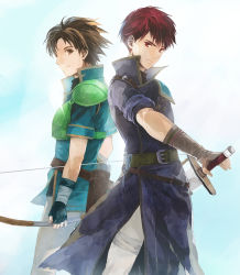 Rule 34 | 2boys, armor, arms at sides, back-to-back, bandages, belt, bow (weapon), brown eyes, brown hair, cowboy shot, fingerless gloves, fire emblem, fire emblem: the blazing blade, frown, gloves, highres, holding, holding sword, holding weapon, kaito (sawayakasawaday), male focus, multiple boys, nintendo, pauldrons, quiver, raven (fire emblem), red eyes, red hair, sheath, shoulder armor, sky, sleeves rolled up, sword, unsheathing, weapon, wil (fire emblem)