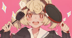 Rule 34 | + +, 1girl, :d, animal ears, arknights, bear ears, black jacket, blonde hair, blush, candy hair ornament, commentary, food-themed hair ornament, frying pan, gummy (arknights), hair ornament, hands up, highres, holding, holding frying pan, holding spatula, jacket, looking at viewer, open mouth, pink background, portrait, red eyes, sailor collar, short hair, smile, solo, sparkle, spatula, sudoka, symbol-only commentary, teeth, white sailor collar