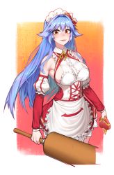 Rule 34 | apron, armpit crease, bandaid, bandaid on hand, bare shoulders, blue hair, bow, breasts, covered erect nipples, covered navel, detached sleeves, fingernails, frills, gift, highres, holding, holding gift, large breasts, last origin, long hair, maid, maid apron, maid headdress, orange eyes, parted lips, pink lips, pinkboy, puffy sleeves, red bow, ribbon, smile, solo, striped, striped bow, tiamat (last origin), yellow neckwear, yellow ribbon