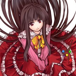 Rule 34 | 1girl, branch, brown hair, female focus, hime cut, houraisan kaguya, japanese clothes, jeweled branch of hourai, long hair, looking up, red eyes, solo, tori (minamopa), touhou, v arms, very long hair