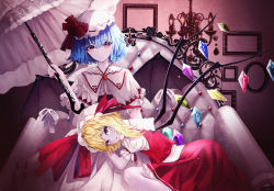 Rule 34 | 2girls, absurdres, armchair, bat wings, blonde hair, blue hair, bow, brooch, chair, chandelier, closed mouth, collared shirt, commentary, crystal, eps3rd, fang, fingernails, flandre scarlet, frilled shirt collar, frills, hair between eyes, hat, hat bow, hat ribbon, highres, holding, holding umbrella, indoors, jewelry, lap pillow, looking at viewer, medium hair, mob cap, multiple girls, nail polish, on chair, parasol, parted lips, picture frame, puffy short sleeves, puffy sleeves, red bow, red eyes, red nails, red ribbon, red skirt, red vest, remilia scarlet, ribbon, shirt, short sleeves, siblings, sisters, sitting, skirt, skirt set, touhou, twitter username, umbrella, vest, white headwear, white shirt, white skirt, wings