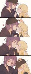 Rule 34 | ..., 2girls, 4koma, adjusting clothes, adjusting headwear, bang dream!, baseball cap, black headwear, black hoodie, blonde hair, blush, borrowed clothes, comic, commentary, couple, covering own mouth, finger to another&#039;s mouth, hair ribbon, half updo, hand on another&#039;s head, hat, headwear switch, heart, highres, holding, holding removed eyewear, hood, hood down, hoodie, kiss, long hair, looking at another, md5 mismatch, multiple girls, notice lines, ponytail, purple hair, red eyes, ribbon, seri (vyrlw), seta kaoru, shirasagi chisato, sweatdrop, unworn eyewear, white ribbon, yuri