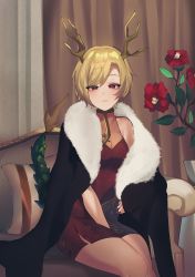 Rule 34 | 1girl, :|, alternate costume, antlers, between legs, blonde hair, blush, breasts, chinese clothes, cleavage, closed mouth, couch, dragon horns, dragon tail, expressionless, flower pot, fur trim, hand between legs, highres, horns, kicchou yachie, lips, looking at viewer, majime joe, medium breasts, nail polish, red eyes, red nails, scales, short hair, sitting, solo, tail, thighs, touhou, turtle shell
