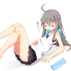 Rule 34 | 1girl, ahoge, bare arms, bare legs, bare shoulders, barefoot, black skirt, blush, closed mouth, collarbone, commentary request, feet out of frame, food, grey hair, hair between eyes, highres, ice cream, long hair, lying, mouth hold, on back, original, pleated skirt, popsicle, purple eyes, shirt, skirt, solo, su guryu, sweat, tank top, translation request, very long hair, white background, white shirt