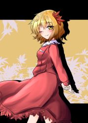 Rule 34 | 1girl, ;), aki shizuha, arms behind back, blonde hair, blush, breasts, from side, hair ornament, highres, leaf hair ornament, long sleeves, looking at viewer, looking to the side, one eye closed, oshiaki, red shirt, red skirt, shirt, short hair, skirt, skirt set, small breasts, smile, solo, touhou, yellow eyes