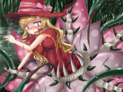 Rule 34 | aqua eyes, atlus, blonde hair, blood, fangs, flower, forest, guro, hat, long hair, monster, nature, open mouth, pain, plant, ribbon, etrian odyssey, shimo (depthbomb), tears, tentacles, thorns, vore, wet, witch, witch hat