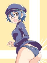 Rule 34 | 1girl, ass, blue eyes, blue hair, blue panties, blush, breasts, butt crack, cabbie hat, cougar (cougar1404), embarrassed, from behind, hat, looking back, looking down, no pants, open mouth, panties, persona, persona 4, shiny clothes, shiny skin, shirogane naoto, short hair, sideboob, solo, sweatdrop, underwear, wedgie