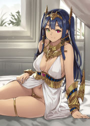 Rule 34 | 1girl, arm guards, arm support, babydoll, bare shoulders, bed, bed sheet, black hair, blue hair, blurry, bracer, breasts, c-string, circlet, cleavage, closed mouth, collar, collarbone, curvy, depth of field, egyptian, egyptian clothes, eyeliner, hair tubes, hairband, hand on own hip, heterochromia, horus (houtengeki), houtengeki, indoors, leaning to the side, long hair, looking at viewer, makeup, medium breasts, navel, no pants, on bed, original, peliazulyp, pink eyes, sideboob, sidelocks, sitting, skindentation, sleeveless, smile, solo, stomach, strapless bottom, thighlet, underbust, wide hips, window, yellow eyes, yokozuwari