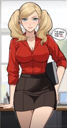 Rule 34 | 1girl, alternate costume, black skirt, blonde hair, blue eyes, blurry, blurry background, breasts, collared shirt, commentary, english commentary, english text, folder, highres, holding, holding folder, indoors, large breasts, lepypepy, long hair, looking at viewer, mixed-language commentary, office, office lady, parted lips, pencil skirt, persona, persona 5, red shirt, shirt, skirt, smile, solo, speech bubble, swept bangs, takamaki anne, twintails