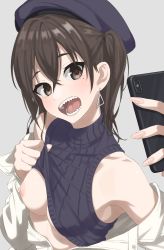 Rule 34 | 1girl, blush, breasts, brown eyes, brown hair, cellphone, clothes lift, earrings, grey background, hair between eyes, hat, highres, holding, holding phone, idolmaster, idolmaster cinderella girls, jewelry, kaminari doon, lifted by self, medium breasts, mole, mole under eye, nipples, one breast out, open mouth, phone, ribbed sweater, selfie, sharp teeth, simple background, sleeveless, sleeveless sweater, smartphone, solo, sunazuka akira, sweater, sweater lift, teeth, turtleneck, turtleneck sweater