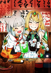 2girls absurdres animal_ears arm_around_shoulder blonde_hair blush cat_ears chopsticks cup drinking_glass drunk fang food gloves grey_hair highena highres multiple_girls mythra_(xenoblade) nia_(xenoblade) open_mouth smile squeans table tiara white_gloves xenoblade_chronicles_(series) xenoblade_chronicles_2