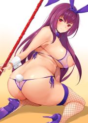 Rule 34 | 1girl, animal ears, ass, back, bikini, blush, breasts, fate/grand order, fate (series), fishnets, gae bolg (fate), high heels, holding, holding polearm, holding spear, holding weapon, kneehighs, large breasts, long hair, looking at viewer, looking back, nasipasuta, nipples, polearm, purple bikini, purple hair, rabbit ears, rabbit girl, rabbit tail, red eyes, scathach (fate), smile, socks, solo, spear, swimsuit, tail, thighhighs, weapon