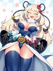 Rule 34 | 1girl, belt, black gloves, blonde hair, blue thighhighs, blunt bangs, blush, breasts, cameltoe, checkered background, cleavage, closed eyes, flower, frills, gloves, hair ornament, highres, iroyopon, large breasts, long hair, long sleeves, open mouth, original, puffy long sleeves, puffy sleeves, ribbon, solo, thighhighs, turtleneck