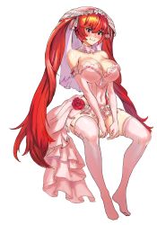 Rule 34 | 1girl, artpatient, blush, breasts, bridal veil, bride, cleavage, dress, elbow gloves, full body, garter straps, gloves, hair ornament, highres, large breasts, last origin, looking at viewer, may of doom, mole, mole on breast, purple eyes, red hair, simple background, skindentation, solo, strapless, strapless dress, sweat, thighhighs, twintails, veil, wedding dress, white background, white dress, white gloves, white thighhighs