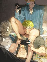 Rule 34 | 2boys, abs, bed, black male underwear, black pants, black shirt, blonde hair, blue hair, blue shirt, blush, boxer briefs, closed mouth, clothes lift, eating, electric fan, food, food in mouth, green hair, handheld game console, head between thighs, holding, holding handheld game console, holding phone, indoors, lifting another&#039;s clothes, looking at phone, male focus, male underwear, multiple boys, navel, nintendo switch, no pants, on bed, one piece, pants, phone, playing games, popsicle, popsicle stick, print male underwear, roronoa zoro, runa (nori31291404), sanji (one piece), scar, shirt, shirt lift, short hair, sitting, sweat, thick thighs, thighs, toned, toned male, underwear, yaoi