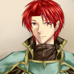 Rule 34 | 1boy, aiden (formalhauto2), armor, collar, fire emblem, fire emblem: the sacred stones, grey background, looking at viewer, male focus, nintendo, pauldrons, red eyes, red hair, seth (fire emblem), shirt, short hair, shoulder armor, simple background, smile, solo