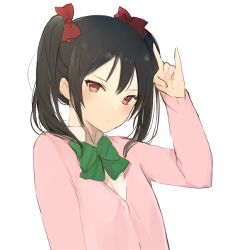 Rule 34 | 10s, 1girl, arm up, black hair, blush, bow, bowtie, buttons, collared shirt, expressionless, green bow, green bowtie, hair bow, hand gesture, head tilt, long sleeves, love live!, love live! school idol project, lpip, \\n/, red bow, red eyes, school uniform, shirt, short hair, sidelocks, simple background, solo, two side up, upper body, white background, yazawa nico