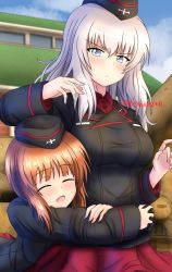 Rule 34 | 2girls, black headwear, black jacket, blue eyes, blue sky, blurry, blurry background, blush, closed eyes, closed mouth, commentary, day, depth of field, dress shirt, frown, garrison cap, girls und panzer, glaring, hat, highres, hug, hug from behind, insignia, itsumi erika, jacket, kuromorimine military uniform, long sleeves, looking at viewer, medium hair, military, military hat, military uniform, military vehicle, miniskirt, motor vehicle, multiple girls, nishizumi miho, open mouth, outdoors, parted lips, pleated skirt, red shirt, red skirt, redbaron, shirt, short hair, silver hair, skirt, sky, smile, standing, tank, twitter username, uniform, wing collar, yuri