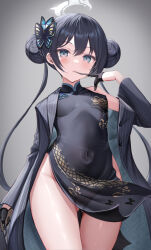 Rule 34 | 1girl, akabane (zebrasmise), black dress, black gloves, black hair, blue archive, blush, braid, braided bun, breasts, butterfly hair ornament, china dress, chinese clothes, clothes lift, coat, commentary request, covered navel, cowboy shot, double bun, dragon print, dress, dress lift, expressionless, gloves, gluteal fold, grey background, grey coat, grey eyes, hair bun, hair ornament, half gloves, halo, highres, holding, holding weapon, impossible clothes, impossible dress, kisaki (blue archive), long hair, looking at viewer, open clothes, open coat, pelvic curtain, pinstripe pattern, print dress, short dress, side slit, single bare shoulder, sleeveless, sleeveless dress, small breasts, solo, striped, striped coat, thigh gap, twintails, vertical-striped coat, weapon, wind, wind lift