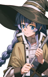 Rule 34 | 1girl, blouse, blue eyes, blue hair, blush, braid, braided ponytail, brown cape, brown hat, cape, closed mouth, commentary request, hair between eyes, hat, highres, hironii (hirofactory), holding, long hair, long sleeves, looking at viewer, mushoku tensei, roxy migurdia, shirt, simple background, single braid, solo, two-handed, upper body, very long hair, white background, white shirt, witch hat