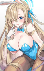 Rule 34 | 1girl, animal ears, asuna (blue archive), asuna (bunny) (blue archive), bare shoulders, blonde hair, blue archive, blue bow, blue bowtie, blue eyes, blue leotard, blush, bow, bowtie, breasts, brown pantyhose, cleavage, collarbone, covered navel, detached collar, elbow gloves, fake animal ears, fingernails, gloves, gradient background, gradient hair, grey background, hair bow, hair over one eye, halo, hand up, highres, kamiyoshi rika, large breasts, leotard, long fingernails, long hair, looking at viewer, mole, mole on breast, multicolored hair, official alternate costume, one eye closed, open mouth, pantyhose, playboy bunny, purple hair, rabbit ears, sidelocks, simple background, sitting, smile, solo, strapless, strapless leotard, teeth, tongue, white background, white gloves, wing collar