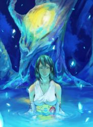 Rule 34 | 1girl, albaro, blue eyes, breasts, brown hair, closed mouth, detached sleeves, final fantasy, final fantasy x, green eyes, hair ornament, heterochromia, japanese clothes, lake, looking at viewer, medium breasts, short hair, smile, solo, yuna