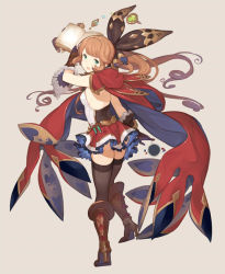 Rule 34 | 10s, 1girl, ass, back, bad id, bad pixiv id, black thighhighs, brown hair, cape, clarisse (granblue fantasy), frilled skirt, frills, from behind, gloves, granblue fantasy, green eyes, hair ornament, hanarito, high heels, long hair, looking back, open mouth, simple background, skirt, solo, thighhighs