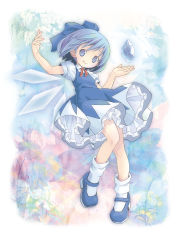 Rule 34 | 1girl, :p, blue bow, blue dress, blue eyes, blue hair, bow, cirno, detached wings, dress, female focus, full body, hair bow, highres, ice, pop (electromagneticwave), short hair, smile, solo, tongue, tongue out, touhou, wings