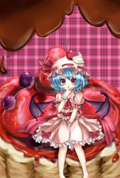 Rule 34 | 1girl, ascot, bat wings, blue hair, cherry, cream, eating, female focus, food, fruit, fudge, hat, hat ribbon, highres, ice cream, open mouth, oumi hi, red eyes, remilia scarlet, ribbon, short hair, solo, touhou, wings