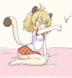 Rule 34 | 10s, 1girl, animal ears, blonde hair, blush, cat ears, cat tail, cat teaser, fang, full body, fur collar, kemono friends, lion (kemono friends), lion ears, lion tail, necktie, no shoes, open mouth, outstretched arm, plaid, plaid skirt, plaid trim, pleated skirt, seiza, short hair, sitting, skirt, tail, thighhighs, uho (uhoyoshi-o), white thighhighs