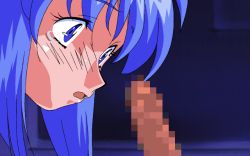Rule 34 | animated, animated gif, blue eyes, blue hair, blush, censored, closed eyes, fellatio, forced, lilia milcrabe, oral, penis, short hair, tears, topless, viper, viper f40