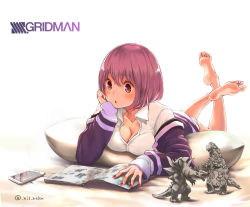 Rule 34 | 10s, 1girl, barefoot, blush, breasts, cellphone, cleavage, feet, gridman universe, head rest, large breasts, light purple hair, lying, on stomach, parted lips, phone, reading, red eyes, shinjou akane, smartphone, soles, ssss.gridman, toes