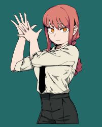 Rule 34 | 1girl, black necktie, black pants, braid, braided ponytail, chainsaw man, chalkboard, closed mouth, collared shirt, cropped legs, green background, hands up, highres, long hair, looking at viewer, makima (chainsaw man), necktie, orange hair, own hands together, pants, photo-referenced, ringed eyes, shirt, shirt tucked in, simple background, single braid, sleeves past elbows, smile, solo, soo05120512, white shirt