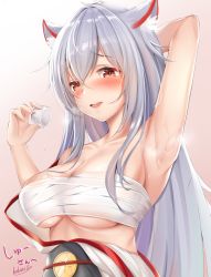 Rule 34 | 1girl, alcohol, animal ears, arm up, armpits, azur lane, blush, breasts, breath, brown eyes, choko (cup), cleavage, commentary request, commission, cup, grey hair, hadanugi dousa, hair between eyes, hyuuga (azur lane), japanese clothes, kimono, kokuto (kurousagi1210), large breasts, long hair, looking at viewer, open clothes, open kimono, open mouth, sake, sarashi, signature, skeb commission, smile, solo, upper body, white kimono