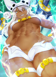 Rule 34 | 1girl, abs, belt bra, breasts, breasts apart, colored eyelashes, dark-skinned female, dark skin, female pubic hair, fingernails, floating, floating object, floating sword, floating weapon, grin, guilty gear, hair between eyes, hand on own hip, hands on own hips, hat, highres, lightning, looking at viewer, makumaxu, muscular, muscular female, navel, no bra, no panties, open fly, orange eyes, platinum blonde hair, pubic hair, pubic hair peek, ramlethal valentine, sharp teeth, short shorts, shorts, smile, solo, sword, tan, teeth, thigh strap, thighs, toned, underboob, weapon
