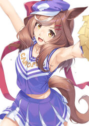 Rule 34 | 1girl, :d, animal ears, armpits, arms up, blue hat, brown eyes, brown hair, cabbie hat, cheerleader, collarbone, commentary request, ears through headwear, hat, horse ears, horse girl, horse tail, looking at viewer, matikane tannhauser (umamusume), midriff peek, miri (ago550421), multicolored hair, navel, open mouth, pom pom (cheerleading), simple background, smile, solo, streaked hair, sweat, tail, umamusume, v-shaped eyebrows, white background, white hair