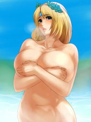 Rule 34 | 1girl, blonde hair, blue eyes, breasts, breath, covering privates, covering breasts, huge breasts, lips, long hair, mafen, mature female, navel, nude, parted lips, solo, sophitia alexandra, soul calibur, soul edge, soulcalibur, soulcalibur iii