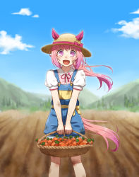 Rule 34 | 1girl, :d, absurdres, animal ears, basket, carrot, cloud, collared shirt, day, dirty, dirty clothes, dirty face, dot nose, ears through headwear, feet out of frame, field, frilled shirt collar, frills, haru urara (umamusume), hat, highres, holding, holding basket, horse ears, horse girl, horse tail, long hair, looking at viewer, open mouth, outdoors, overall shorts, overalls, pink eyes, pink hair, shirt, short sleeves, smile, solo, standing, straw hat, symbol-shaped pupils, tail, umamusume, umetofu, v arms, white shirt