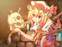 Rule 34 | 1girl, bad id, bad pixiv id, blonde hair, blouse, brown background, collared shirt, female focus, flandre scarlet, hair between eyes, hamlet, hat, is ii, mob cap, ponytail, red eyes, shirt, skull, solo, standing, touhou, upper body, white hat, white shirt, wings