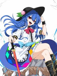 Rule 34 | 1girl, black footwear, black hat, blouse, blue hair, blue skirt, boots, bow, bowtie, breasts, center frills, commentary request, crossed legs, feet out of frame, food, frills, fruit, hand on headwear, hand up, hat, head tilt, highres, hinanawi tenshi, holding, holding sword, holding weapon, keystone, knees, leaf, legs, looking at viewer, medium breasts, open mouth, peach, petticoat, red bow, red bowtie, red eyes, rihito (usazukin), rope, shide, shirt, simple background, sitting, skirt, small breasts, smile, solo, sword, sword of hisou, thighs, tongue, tongue out, touhou, unfinished, weapon, white background, white shirt, wing collar, wristband