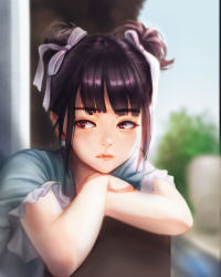 Rule 34 | 1girl, black hair, blue shirt, blush, closed mouth, crossed arms, day, double bun, frilled sleeves, frills, hair bun, hair ribbon, head rest, highres, jugon, jungon kim, lips, looking to the side, original, outdoors, red eyes, ribbon, sad, shirt, short hair, short sleeves, sidelocks, solo, sunlight, upper body, white ribbon