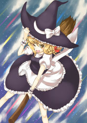 Rule 34 | 1girl, bad id, bad pixiv id, broom, broom riding, female focus, hand on headwear, hat, kirisame marisa, mitsuki meia, outdoors, skirt, sky, solo, touhou, wink, witch, witch hat, wrist cuffs, yellow eyes