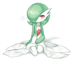Rule 34 | 1girl, ?, blush, colored skin, creatures (company), dress, female focus, game freak, gardevoir, gen 3 pokemon, green skin, hair over one eye, looking at viewer, lotosu, nintendo, no humans, parted lips, pokemon, pokemon (creature), red eyes, simple background, sitting, solo, spoken question mark, white background, white skin