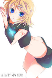Rule 34 | 1girl, ass, bad id, bad pixiv id, bent over, blonde hair, blue eyes, butt crack, downpants, hair ornament, hairclip, kagamine rin, short hair, simple background, solo, top-down bottom-up, vocaloid, wakkoro