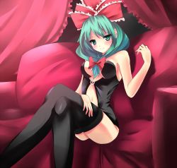 Rule 34 | 1girl, bare shoulders, black thighhighs, blush, bow, breasts, cleavage, couch, crossed legs, curtains, female focus, front ponytail, green eyes, green hair, hair bow, hair ribbon, kagiyama hina, matching hair/eyes, navel, ribbon, sitting, solo, thighhighs, tkisii, touhou
