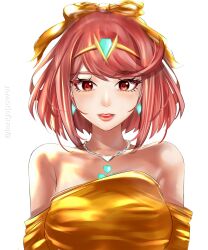 Rule 34 | 1girl, absurdres, alternate costume, armpit crease, bare shoulders, bow, bowl cut, commentary, core crystal (xenoblade), detached sleeves, dress, eyelashes, hairband, highres, langspower, looking at viewer, medium hair, orange dress, parted lips, pyra (xenoblade), red eyes, red hair, red lips, simple background, solo, strapless, strapless dress, teeth, tiara, upper body, upper teeth only, white background, xenoblade chronicles (series), xenoblade chronicles 2, yellow bow, yellow hairband